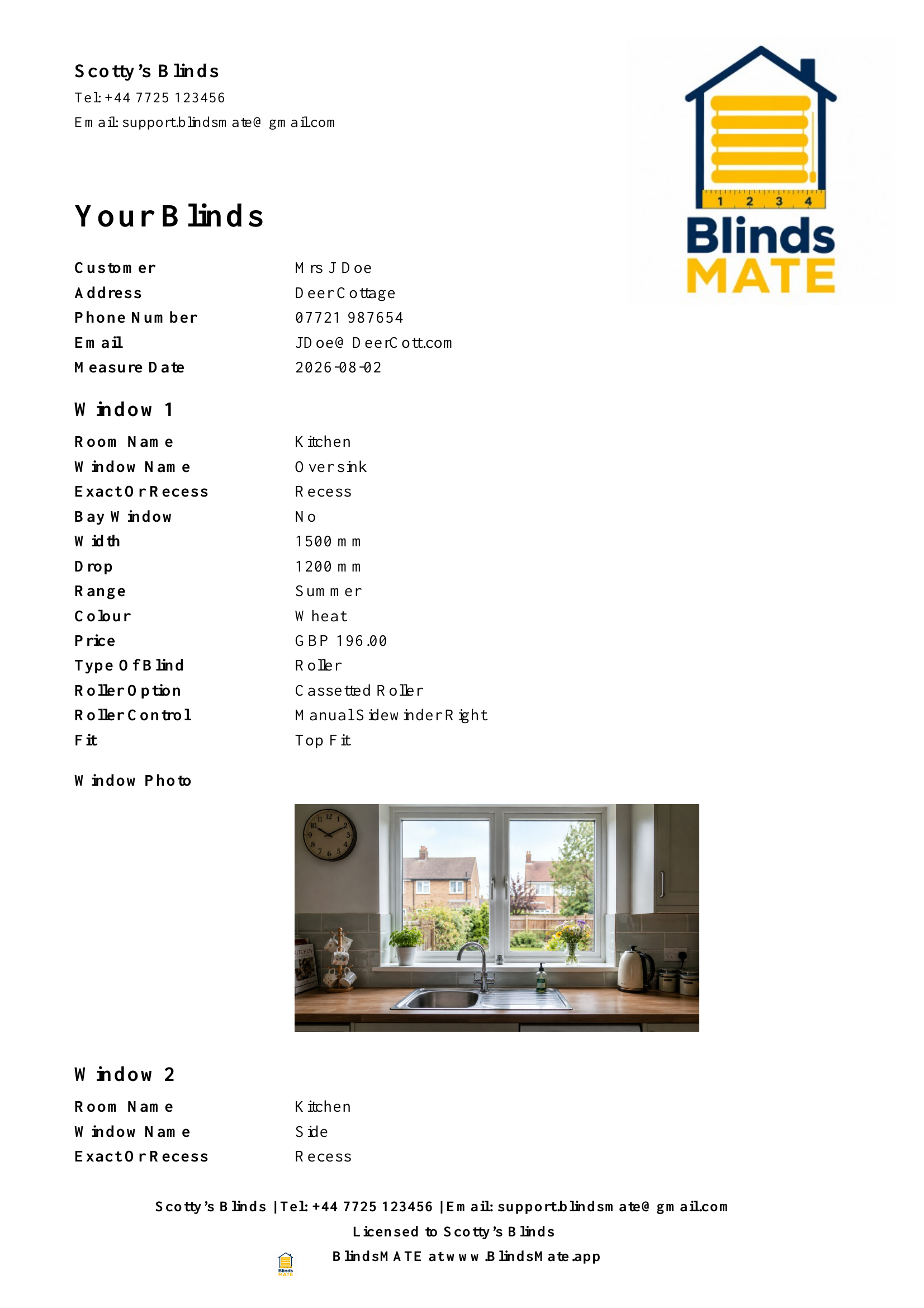 Mock customer example of the actual BlindsMATE adviser PDF including measurements
