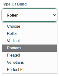 BlindsMATE blind type selector with Roller, Vertical, Romans, Pleated, Venetians and Perfect Fit options