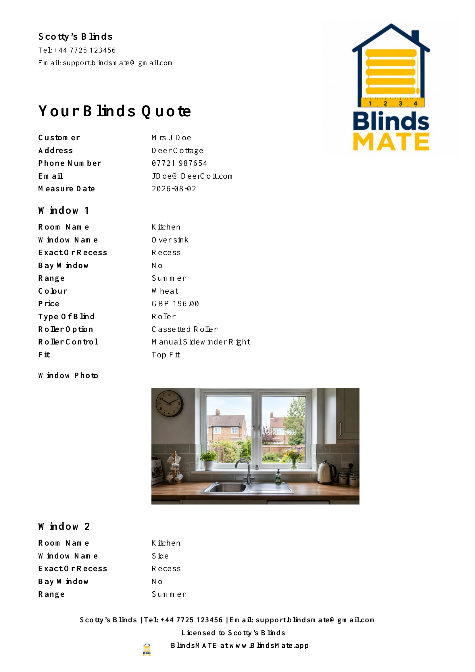 Mock customer example of the BlindsMATE customer PDF quotation
