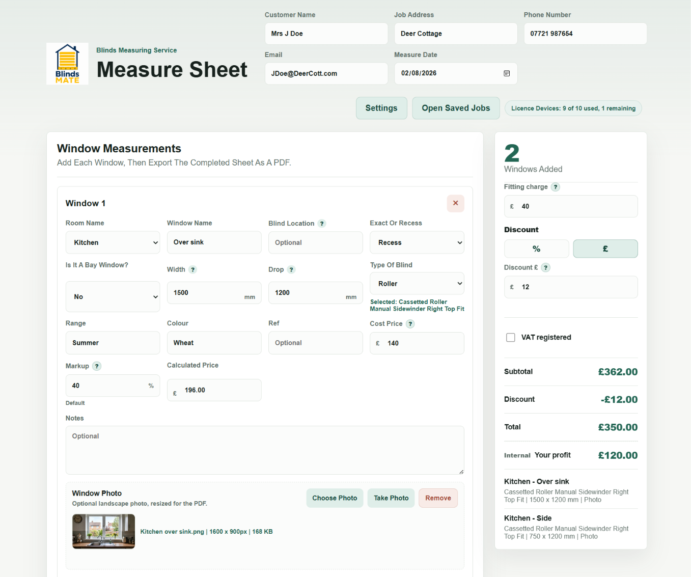 Actual BlindsMATE app screen showing customer details, window measurements, pricing, fitting charge, discount and profit