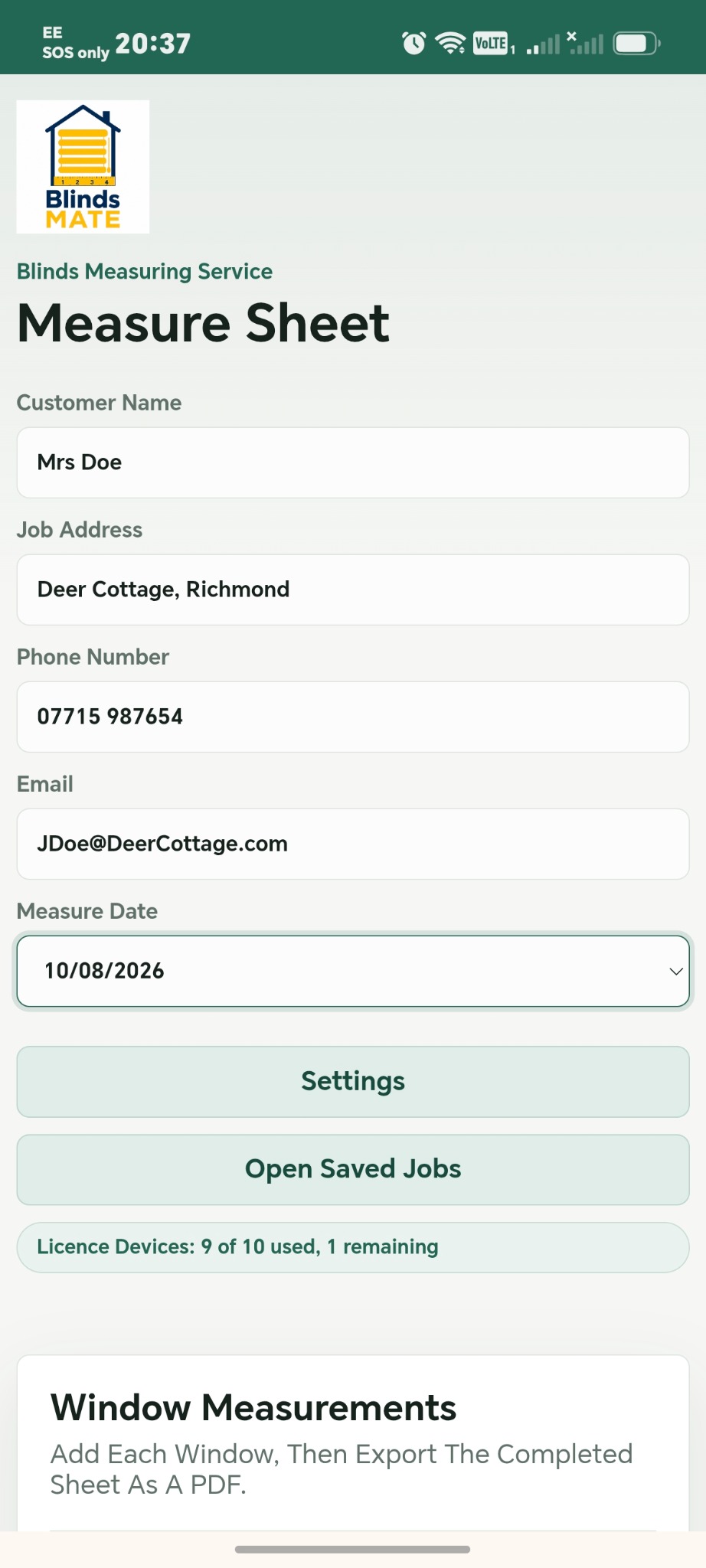 Actual BlindsMATE mobile measure sheet showing the sample Mrs Doe job