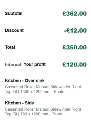 BlindsMATE quote summary showing subtotal, discount, total and internal profit